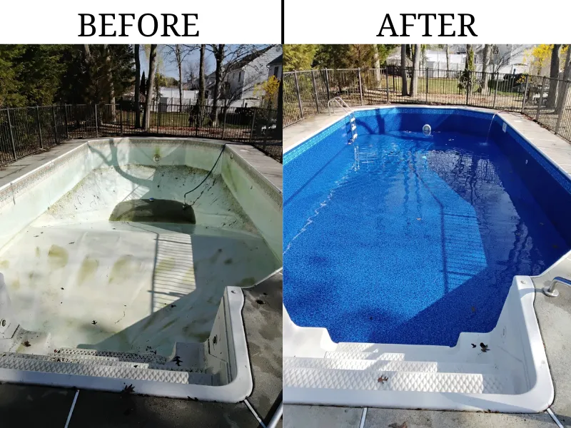 Side-by-side comparison of a swimming pool before and after cleaning; the left shows a dirty, empty pool, while the right shows a clean, refilled pool with clear blue water.
