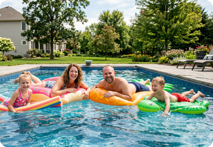 Two adults and two children are smiling and relaxing on colorful pool floats in a backyard swimming pool on a sunny day.