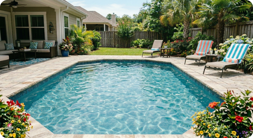 A backyard with a rectangular swimming pool, two lounge chairs with striped towels, patio seating, and surrounding plants and flowers.