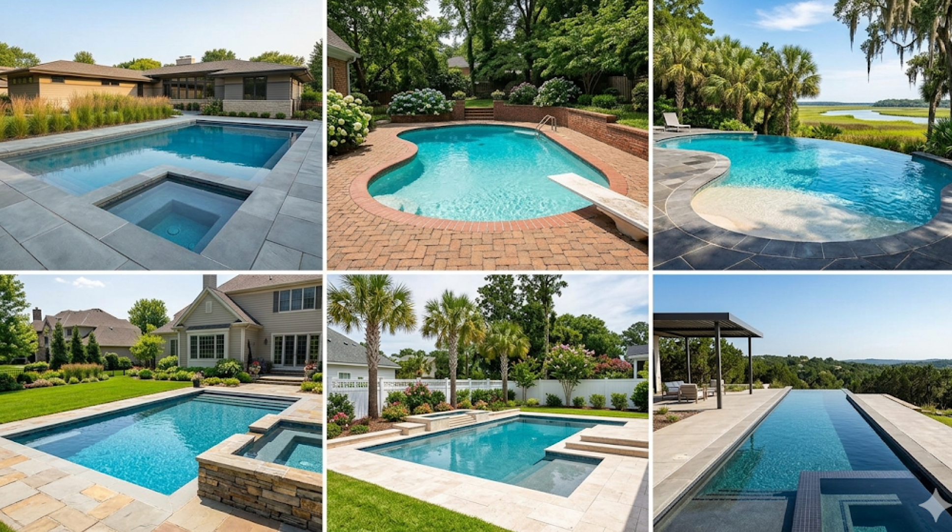 Collage of six backyard swimming pools, each with varying shapes, landscaping, and surroundings, including trees, lawns, and patios.